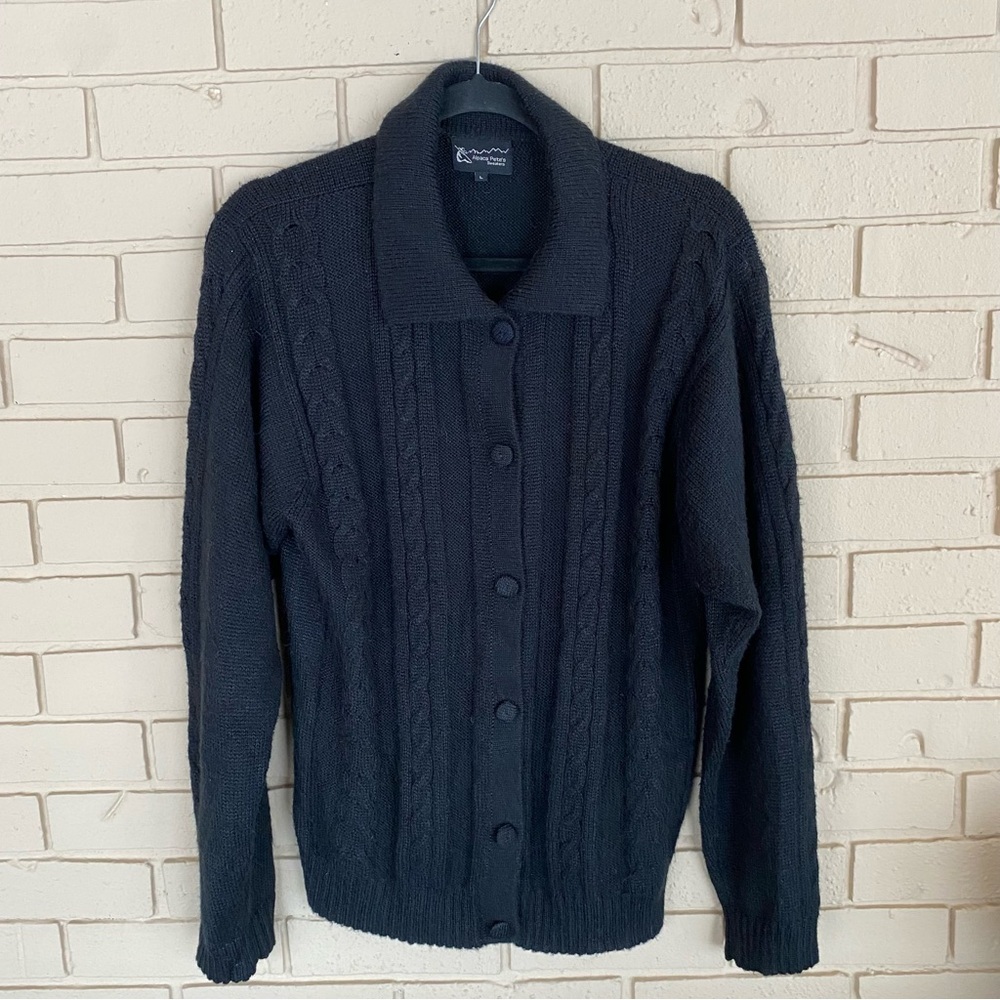 Alpaca Pete’s Cable Knit Cardigan Sweater Black Button Front Women’s L Classic
